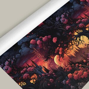 Wrapping paper roll with a surreal flower, tree and cloud image