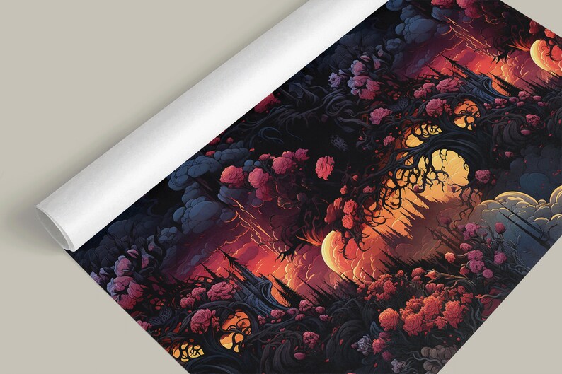 Wrapping paper roll with a surreal flower, tree and cloud image