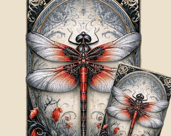 Gothic Noir Dragonfly Decoupage Paper | Art Nouveau Red and Black Tissue & Rice Paper | A3 A4 A5