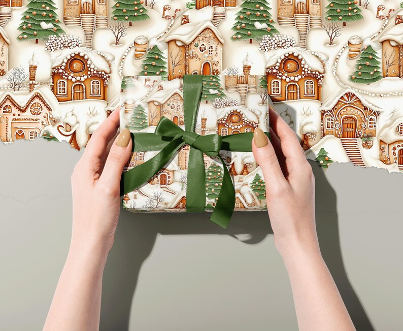 Holiday Gift Wrap: Gingerbread House & Christmas Tree, Decorative Beige, White 100gsm Matte Wrapping Paper bild 6