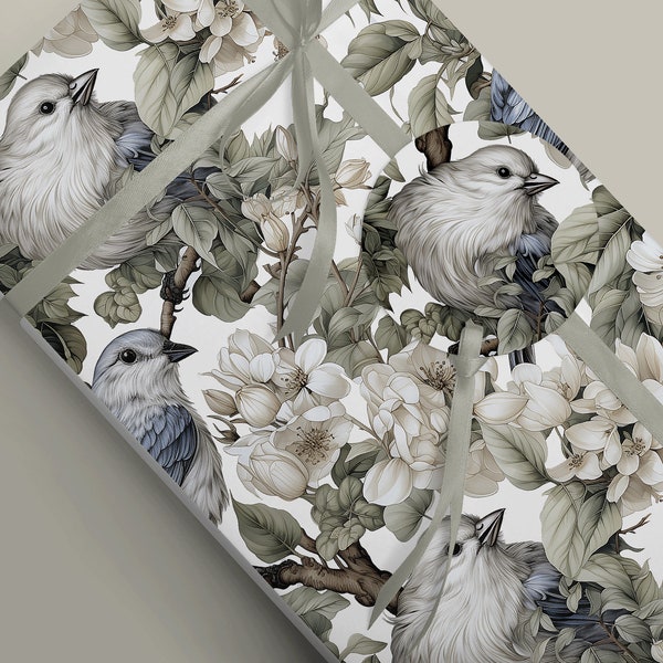 Nature-inspired Pale Birds in Trees Wrapping Paper - Highly Detailed Unique Gift Wrap for any Occasion  100gsm Matte Paper
