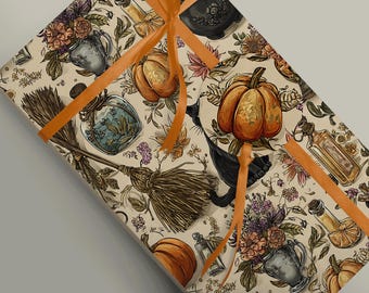 Papier cadeau Summerween avec chats noirs, citrouilles, balais et potions - Papier cadeau d'Halloween 100 g/m²