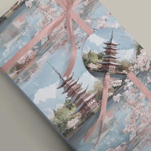 Papier d'emballage de scène de lac tranquille et de pagode - Parfait pour des cadeaux d'inspiration japonaise pour un emballage cadeau luxueux Feuilles de 100 g