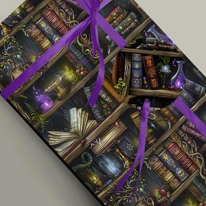 Dark Gothic Decor Wrapping Paper featuring Bookshelf, Bottles, Potions and Spells, Dark Academia, Spooky Witchy Bookish Vibe