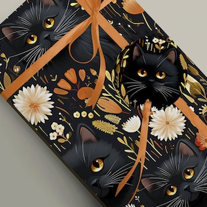 Papier cadeau chat noir fleurs printanières - Papier cadeau sorcellerie unique et fantaisiste, papier cadeau 100 g