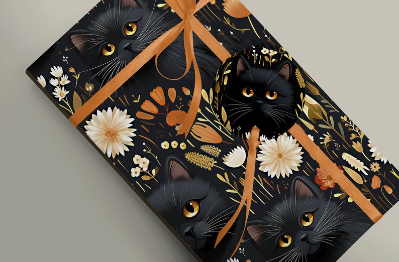 Spring Blooms Black Cat Wrapping Paper Unique and Whimsical Gift Wrap