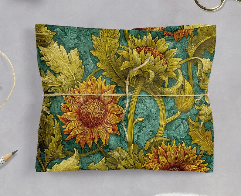 Puede incluir: Un paquete envuelto con un llamativo dise&ntilde;o floral. El patr&oacute;n presenta grandes girasoles en tonos amarillos y naranjas sobre un fondo turquesa. El paquete est&aacute; atado con hilo, lo que sugiere un regalo o un art&iacute;culo decorativo.
