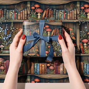 May include: A gift box with a blue satin ribbon, featuring a whimsical bookshelf design. The background is a detailed illustration of a wooden bookshelf filled with books, mushrooms, and flowers. The overall theme is fantasy.