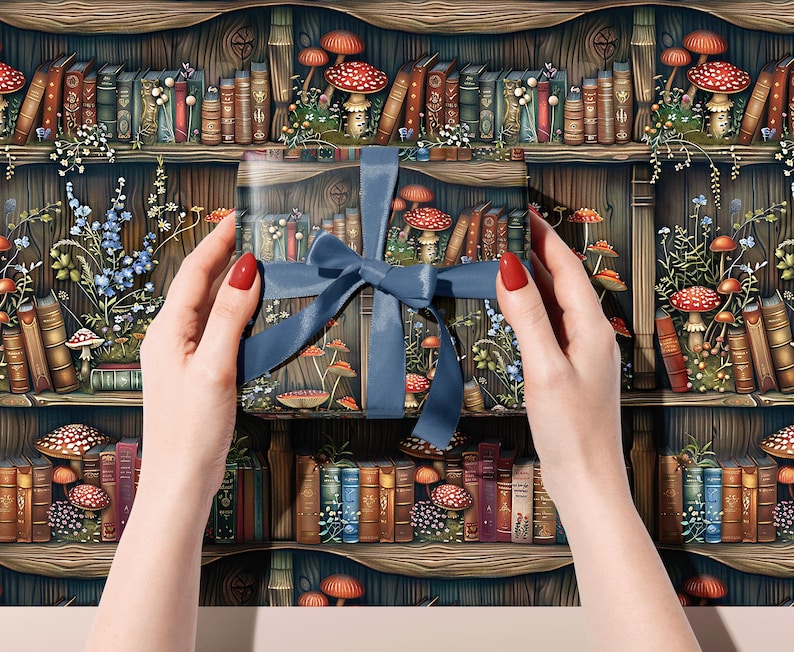 May include: A gift box with a blue satin ribbon, featuring a whimsical bookshelf design. The background is a detailed illustration of a wooden bookshelf filled with books, mushrooms, and flowers. The overall theme is fantasy.