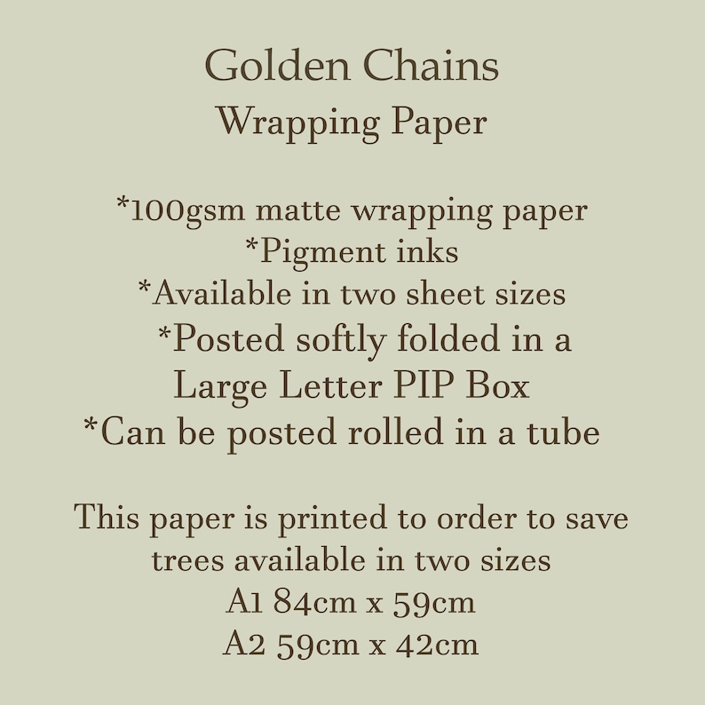 Puede incluir: Papel de regalo Golden Chains, 100 g/m&sup2;, mate, tintas pigmentadas, disponible en dos tama&ntilde;os: A1 84 cm x 59 cm y A2 59 cm x 42 cm. Este papel se imprime bajo pedido para ahorrar &aacute;rboles.