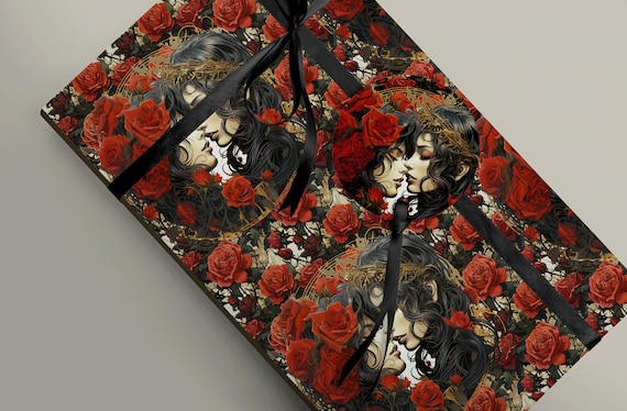 Romantic Gothic Valentine Gift Wrap with Lovers and Red Roses - Spellbindingly Beautiful Valentine's Day Gift Wrap Paper 100gsm