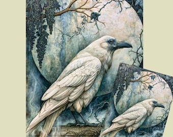 Gothic White Raven Decoupage Paper - Available in Tissue & Rice Paper, 3 Size Options