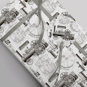 Vintage Steam Engine Design Wrapping - Ideal Present for Engineer Dads on Fathers Day, Technical Design, 100gsm Gift Paper