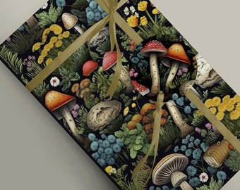 Mushroom or toadstools with autumn flowers Luxury Wrapping Paper, Mythology Witchcraft, Cottagecore Gift Wrap Paper 100gsm