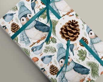 Blue Winter Watercolour Puffin Wrapping or Tissue Paper, Coastal Bird Gift Wrap, Scandinavian Winter Packaging