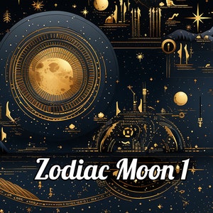 May include: An artistic digital illustration featuring a celestial theme. The image showcases a large, golden moon within a dark blue circular frame, surrounded by golden stars and intricate geometric designs. The text "Zodiac Moon 1" is displayed at the bottom.