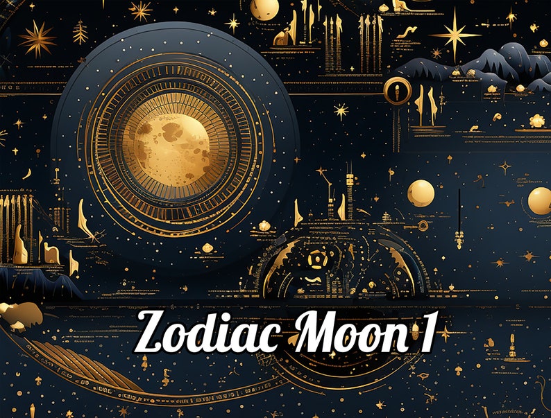 May include: An artistic digital illustration featuring a celestial theme. The image showcases a large, golden moon within a dark blue circular frame, surrounded by golden stars and intricate geometric designs. The text "Zodiac Moon 1" is displayed at the bottom.