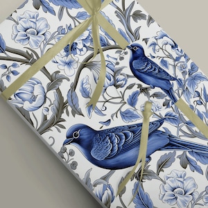 Vintage-inspired Blue Bird and Blue Flowers Chinoiserie Style Wrapping Paper - Exquisite Packaging for Thoughtful Gifts Wrap Paper 100gsm