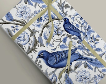 Vintage-inspired Blue Bird and Blue Flowers Chinoiserie Style Wrapping Paper - Exquisite Packaging for Thoughtful Gifts Wrap Paper 100gsm