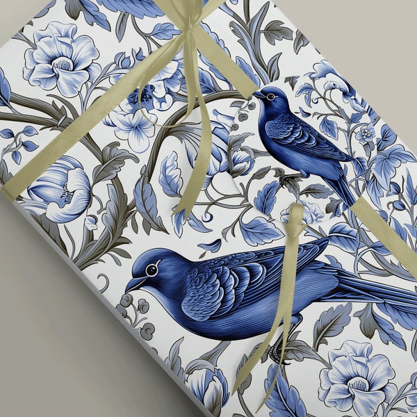 Vintage-inspired Blue Bird and Blue Flowers Chinoiserie Style Wrapping Paper - Exquisite Packaging for Thoughtful Gifts Wrap Paper 100gsm