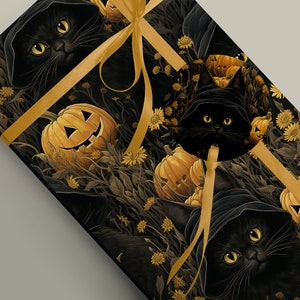 Magical Witches Black Cat and Pumpkin Wrapping Paper - Touch of Enchantment to Your Presents! Witchcraft, Cottagecore Gift Wrap Paper 100gsm