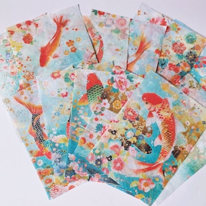 Unique Decoupage Craft Paper Design, 19gsm Genuine Tissue Paper, 12xA5 sheets Collage with Vibrant Koi Fish and Floral Designs