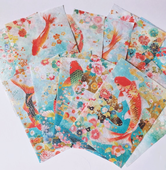 Unique Decoupage Craft Paper Design, 19gsm Genuine Tissue Paper, 12xA5 sheets Collage with Vibrant Koi Fish and Floral Designs