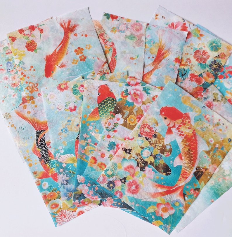 Decoupage tissue paper featuring koi and flowers in a chinese style