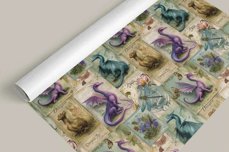 Vintage Style Dragon Wrapping Paper rolled.