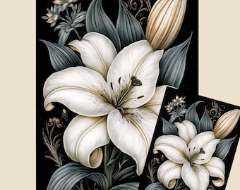 Gothic Noir Cream Lily Tissue & Rice Paper | Dark Floral Decoupage | Vintage Botanical Craft | A3 A4 A5