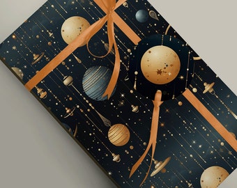Celestial Delight: Planets, Moon, and Stars Wrapping Paper with Sparkling Strings Unique Design, 100gsm Matte FSC Certified Paper