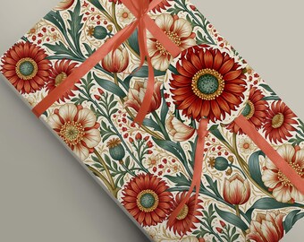 Marigold Tulip Floral Print - William Morris Style Wrapping Paper | Art Nouveau Gift Wrap
