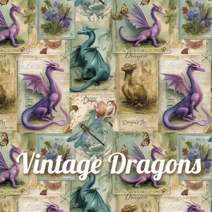 May include: A repeating pattern featuring vintage-style illustrations of dragons in various colours, including purple, teal, and gold. The design incorporates butterflies, flowers, and the text "Vintage Dragons". The overall aesthetic is reminiscent of antique artwork.