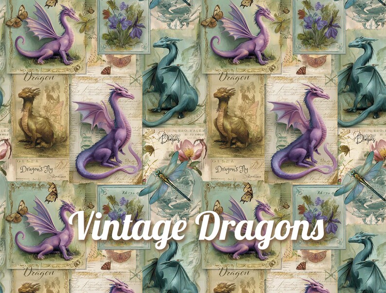 May include: A repeating pattern featuring vintage-style illustrations of dragons in various colours, including purple, teal, and gold. The design incorporates butterflies, flowers, and the text "Vintage Dragons". The overall aesthetic is reminiscent of antique artwork.