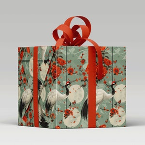 Japanese Inspired Crane and Poppy Wrapping Paper - Artistic Gift Wrap