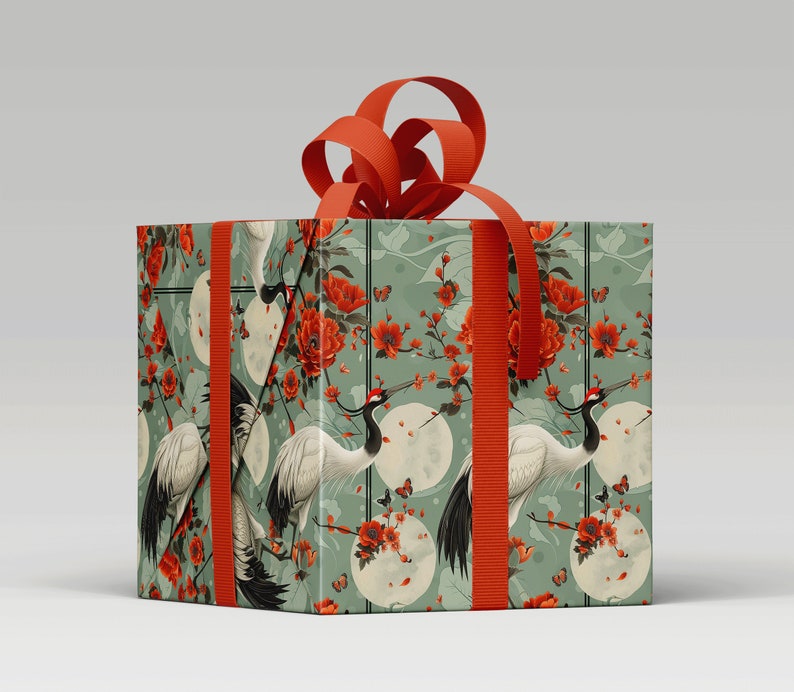 Japanese Inspired Crane and Poppy Wrapping Paper - Artistic Gift Wrap
