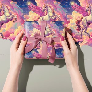 Magical White Flying Unicorn Gift Wrap with Rainbow Clouds and Stars Fantasy Wedding or Birthday Decorative Gift Wrap Paper 100gsm bild 9