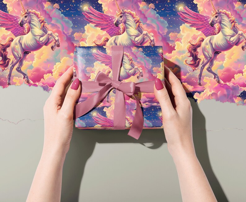 Magical White Flying Unicorn Gift Wrap with Rainbow Clouds and Stars Fantasy Wedding or Birthday Decorative Gift Wrap Paper 100gsm bild 9