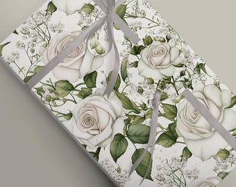 Delicate White Rose Gift Wrap Kit for Wedding Celebrations, Wrapping Paper, Tissue Paper, Craft Decoupage Journaling