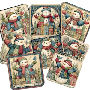May include: A selection of square Christmas cards with festive snowman designs. Each card depicts a snowman with a carrot nose, wearing a hat, scarf, and mittens, set against a backdrop of colourful houses and snowy landscapes.