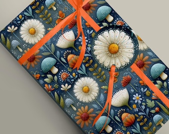 Daisy Folk Art Wrapping Paper with Mushrooms & Butterflies – Whimsical Floral Gift Wrap, Cottagecore Nature Paper