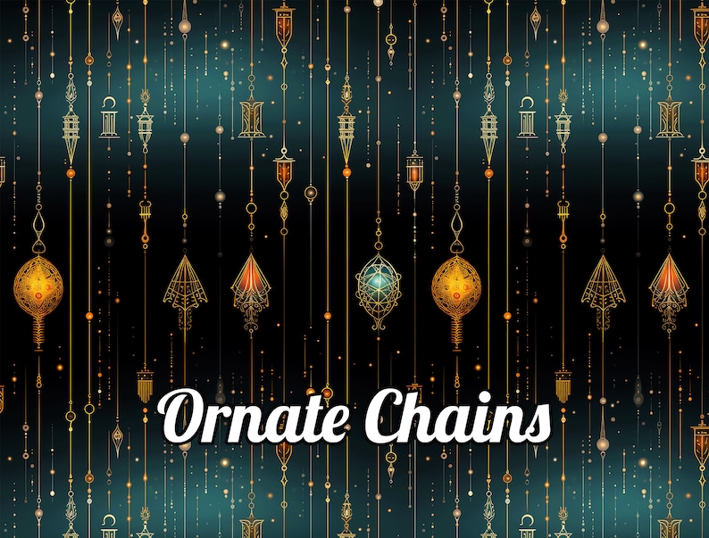 Puede incluir: Una ilustraci&oacute;n digital de cadenas adornadas con dise&ntilde;os geom&eacute;tricos que cuelgan de la parte superior de la imagen. Las cadenas son doradas y el fondo es de color azul verdoso oscuro. El texto "Ornate Chains" est&aacute; en el centro de la imagen.