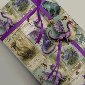 Vintage Style Dragon Wrapping Paper with a gift tag and deep purple ribbon.
