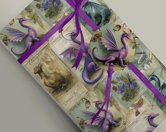 Vintage-Inspired Dragon Gift Wrapping - Retro Style Paper perfect for Halloween Gothic Gothcore Mythical Art Gift Wrap Paper 100gsm