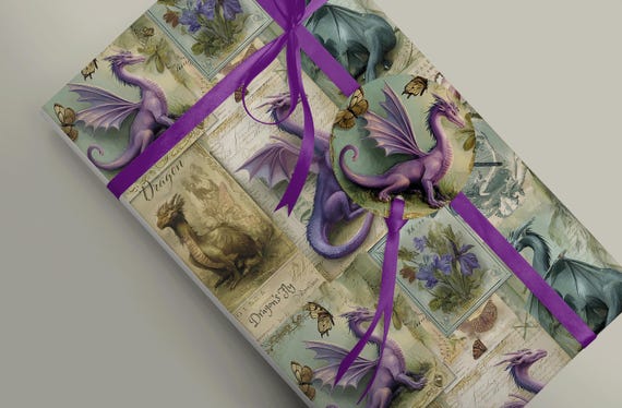 Vintage-Inspired Dragon Gift Wrapping - Retro Style Paper perfect for Halloween Gothic Gothcore Mythical Art Gift Wrap Paper 100gsm