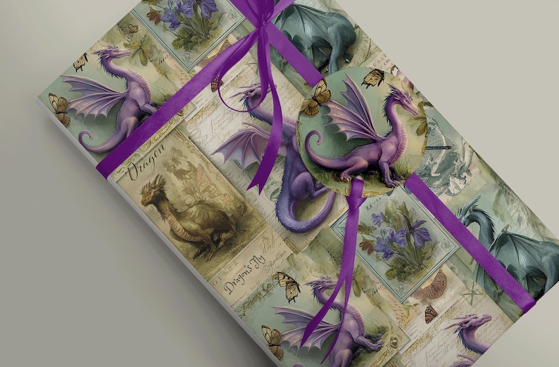 Vintage Style Dragon Wrapping Paper with a gift tag and deep purple ribbon.
