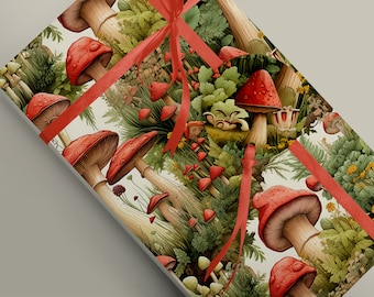 Délices Champignons Funky : Papier cadeau de luxe à motifs de champignons éclatants pour les fêtes estivales sur le thème des sorcières - Papier cadeau cottagecore