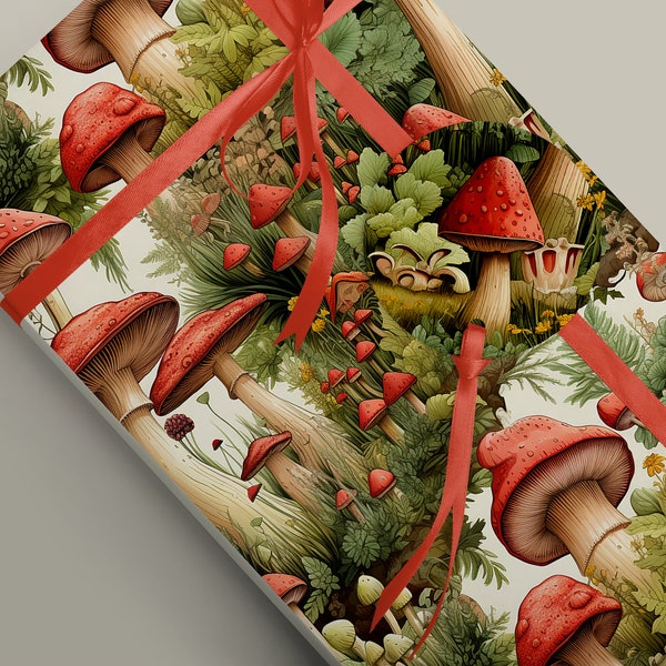 Funky Fungi Delight: Vibrant Mushroom Patterned Luxury Wrapping Paper for Witch Summer Celebrations Cottagecore Gift Wrap Paper 100gsm