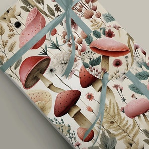 Champignons pastel, champignons vénéneux et fleurs Papier cadeau de luxe, sorcellerie mythologie, cottagecore 100 g