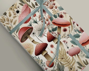Pastel Mushroom, Toadstools and Flowers Luxury Wrapping Paper, Mythology Witchcraft, Cottagecore Gift Wrap Paper 100gsm